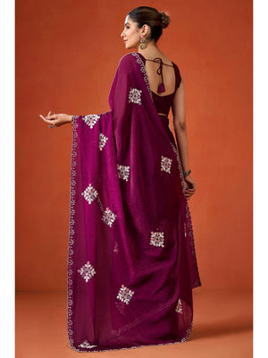 Graceful Purple Georgette Silk Saree Adorned with Floral Embellishments - Image 2