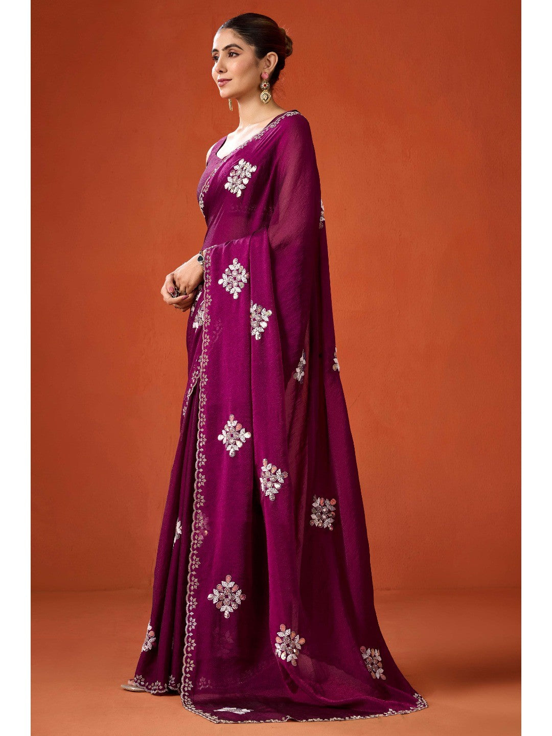 Graceful Purple Georgette Silk Saree Adorned with Floral Embellishments - Image 4