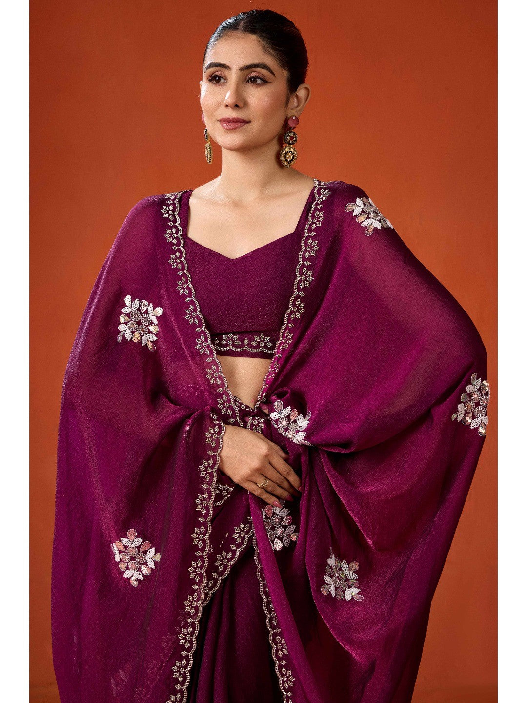 Graceful Purple Georgette Silk Saree Adorned with Floral Embellishments - Image 5
