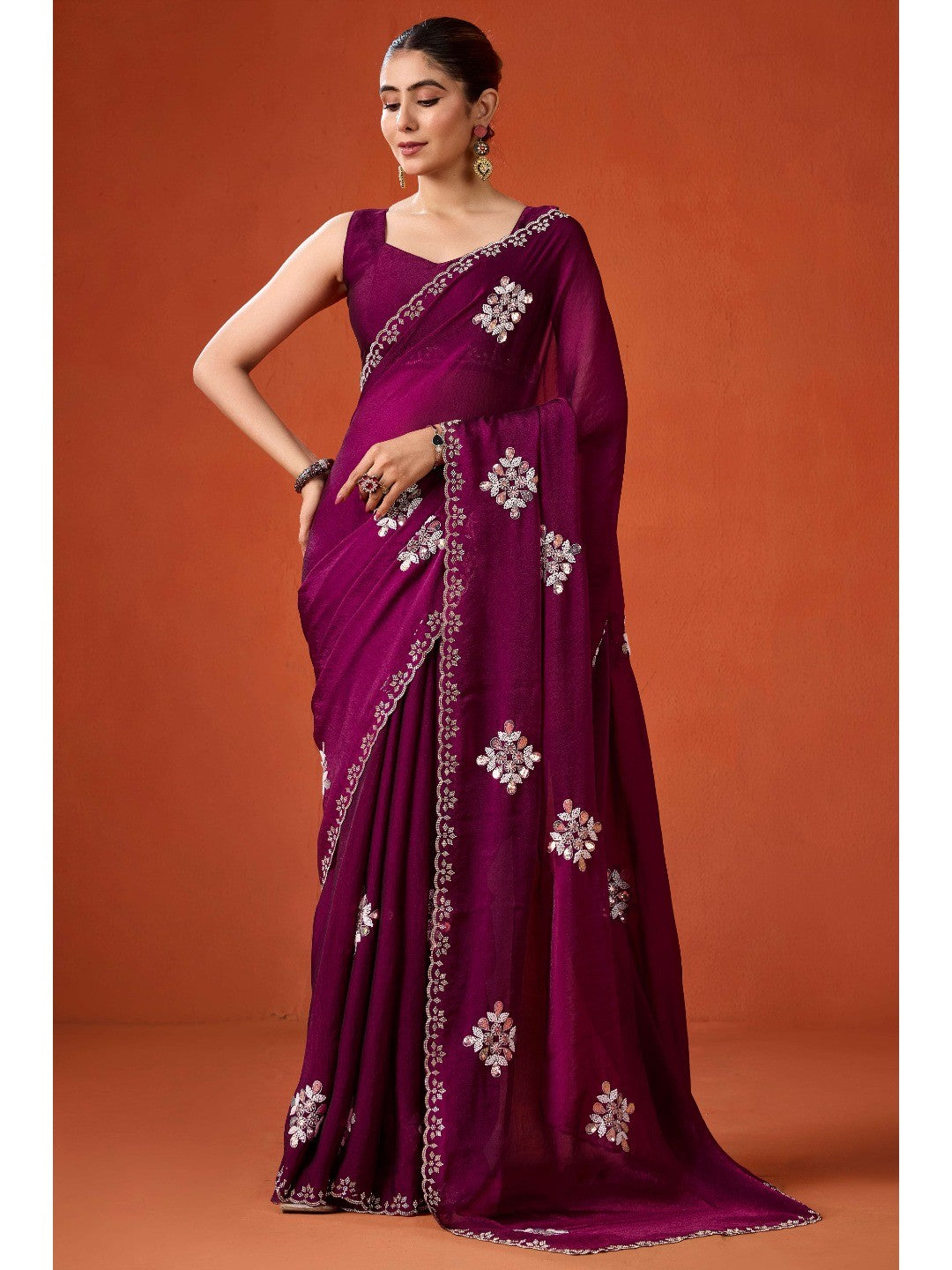 Graceful Purple Georgette Silk Saree Adorned with Floral Embellishments - Image 6