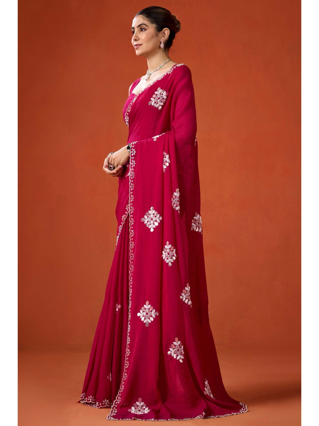 Graceful Magenta Georgette Silk Saree Adorned with Floral Embellishments - Image 3