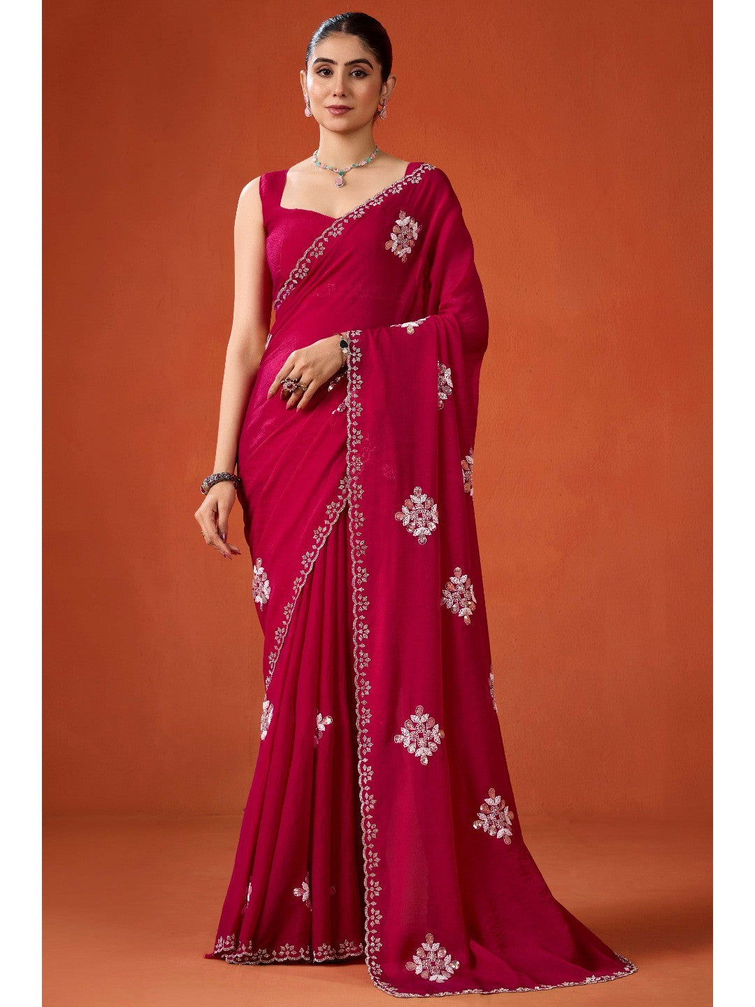 Graceful Magenta Georgette Silk Saree Adorned with Floral Embellishments - Image 5