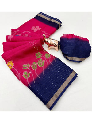 Pink Floral Print Georgette Saree Featuring Lightweight Fabric and Beautiful Blue Border Detailing - Image 2