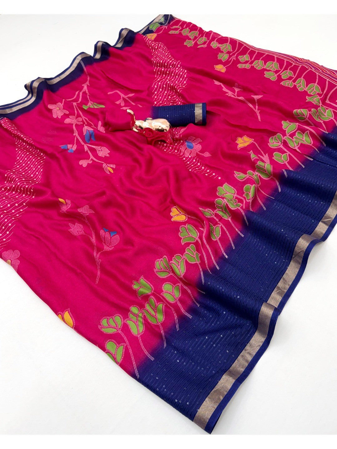 Pink Floral Print Georgette Saree Featuring Lightweight Fabric and Beautiful Blue Border Detailing - Image 1