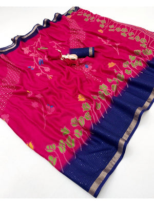 Pink Floral Print Georgette Saree Featuring Lightweight Fabric and Beautiful Blue Border Detailing - Image 1