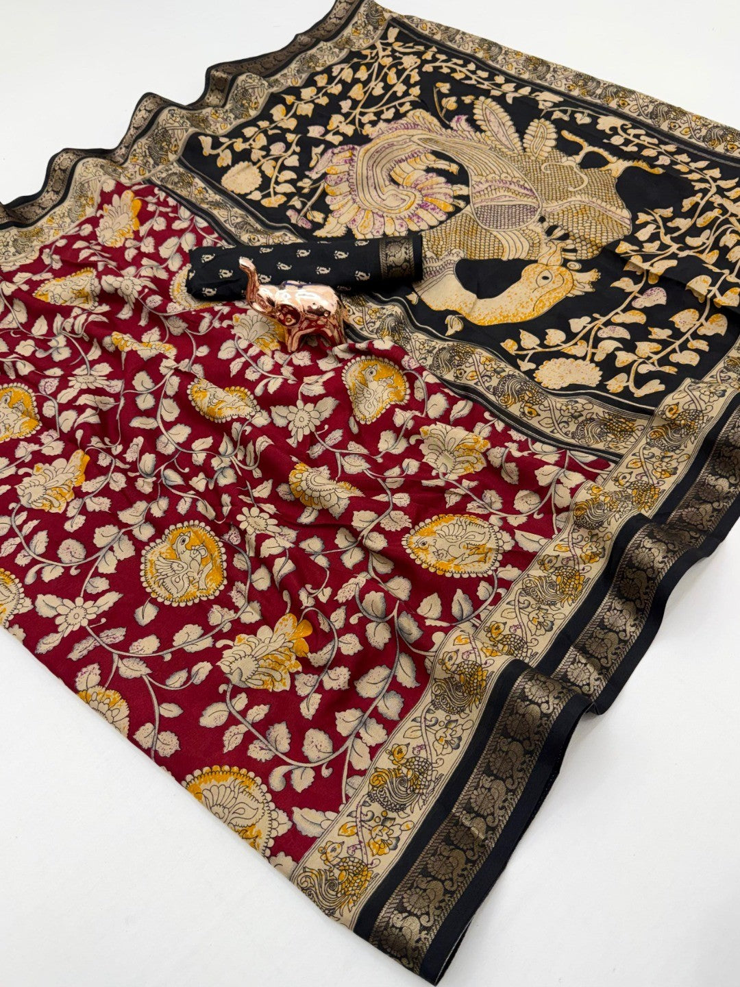 Maroon Floral Printed Mulmul Cotton Saree with Traditional Kalamkari Pallu and Rich Ethnic Finish - Image 1