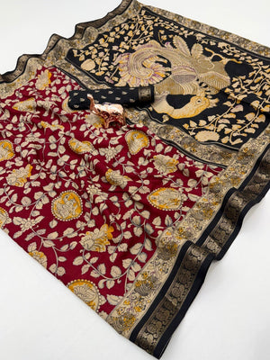 Maroon Floral Printed Mulmul Cotton Saree with Traditional Kalamkari Pallu and Rich Ethnic Finish - Image 1