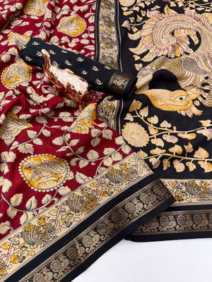 Maroon Floral Printed Mulmul Cotton Saree with Traditional Kalamkari Pallu and Rich Ethnic Finish - Image 2