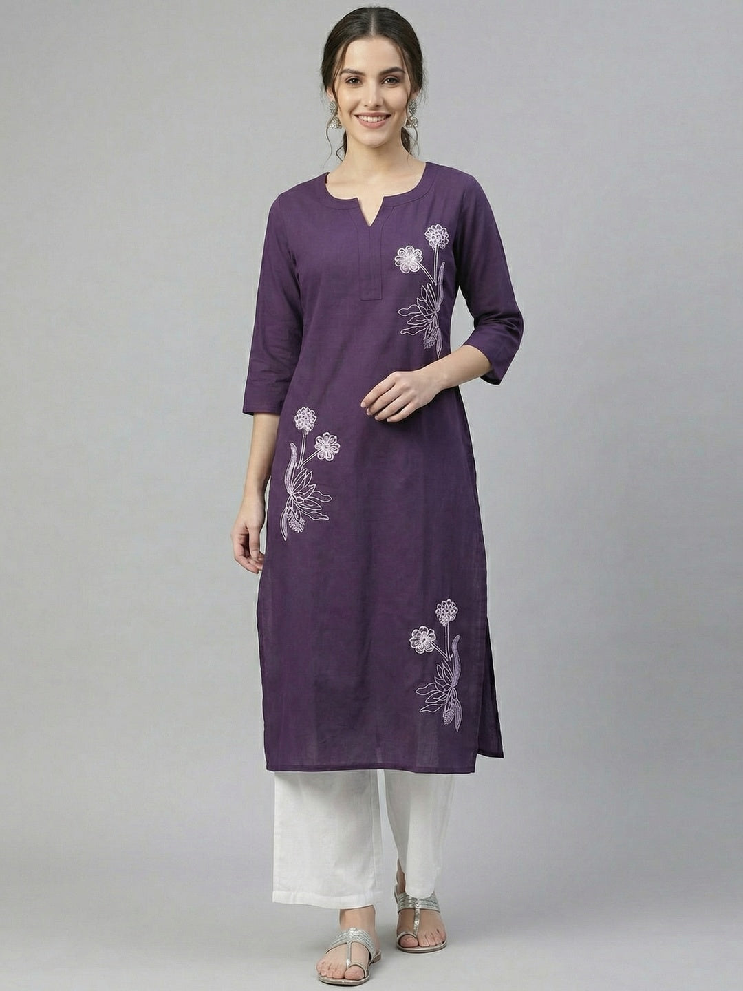 Elegant Purple Floral Embroidered Pure Cotton Straight Fit Kurti - Image 3