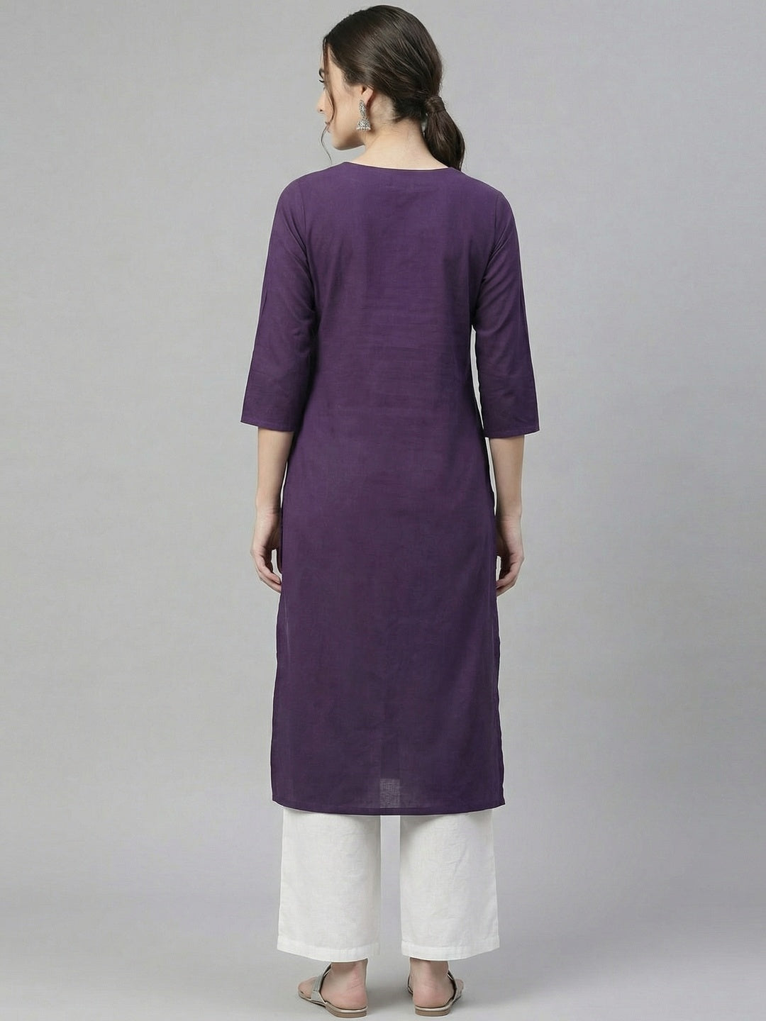 Elegant Purple Floral Embroidered Pure Cotton Straight Fit Kurti - Image 4