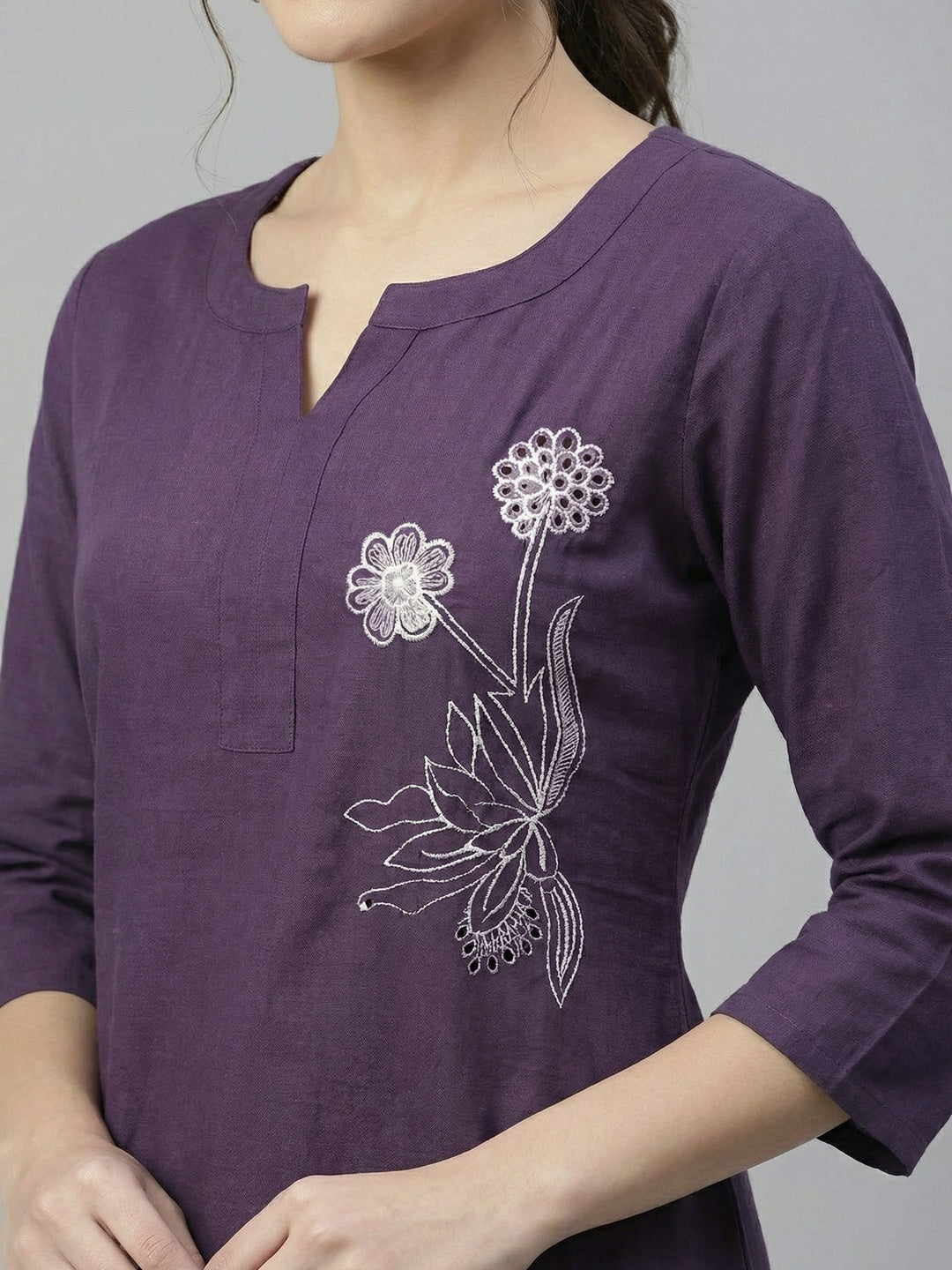 Elegant Purple Floral Embroidered Pure Cotton Straight Fit Kurti - Image 2
