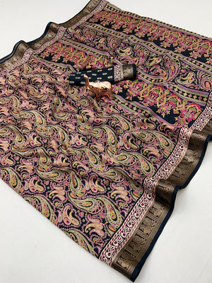 Black Paisley Printed Dola Silk Saree with Detailed Zari Border and Graceful Fluid Drape - Image 1