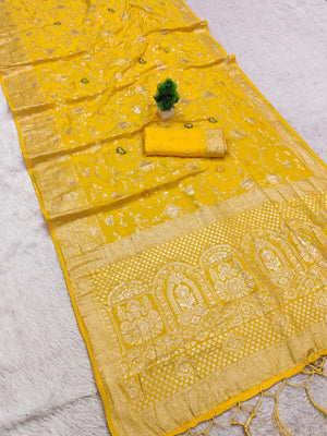 Luxurious Yellow Floral Weaving Dola Silk Saree With Handcrafted Tassel Pallu Finish - Image 2