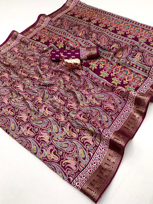 Wine Paisley Printed Dola Silk Saree with Detailed Zari Border and Graceful Fluid Drape - Image 1