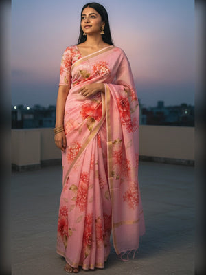Charming Pink Floral Printed Chanderi Cotton Saree Highlighted By Intricate Zari Border Work - Image 1