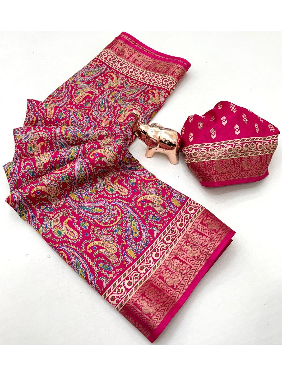 Pink Paisley Printed Dola Silk Saree with Detailed Zari Border and Graceful Fluid Drape - Image 2