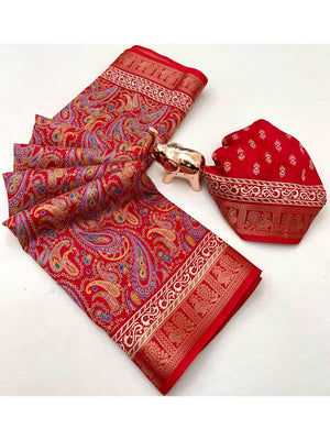Red Paisley Printed Dola Silk Saree with Detailed Zari Border and Graceful Fluid Drape - Image 2