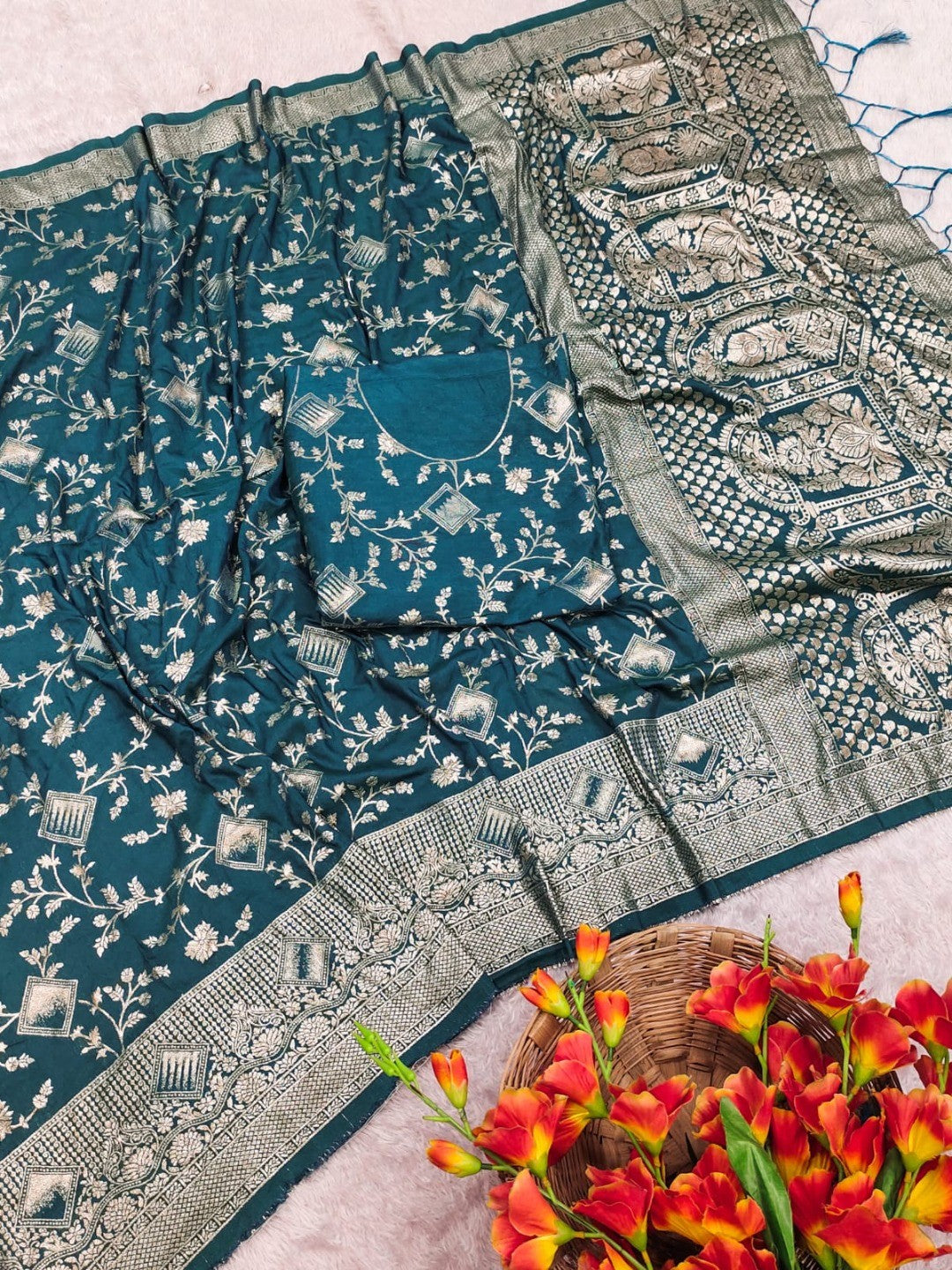 Luxurious Teal Blue Floral Weaving Dola Silk Saree With Handcrafted Tassel Pallu Finish - Image 2