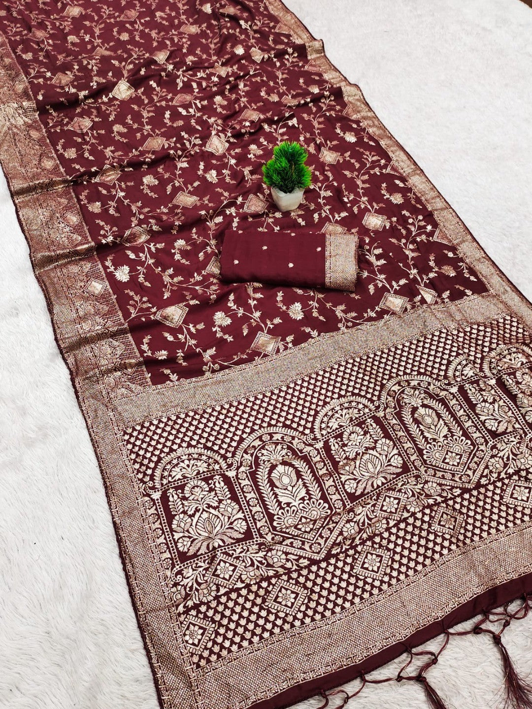 Luxurious Maroon Floral Weaving Dola Silk Saree With Handcrafted Tassel Pallu Finish - Image 3