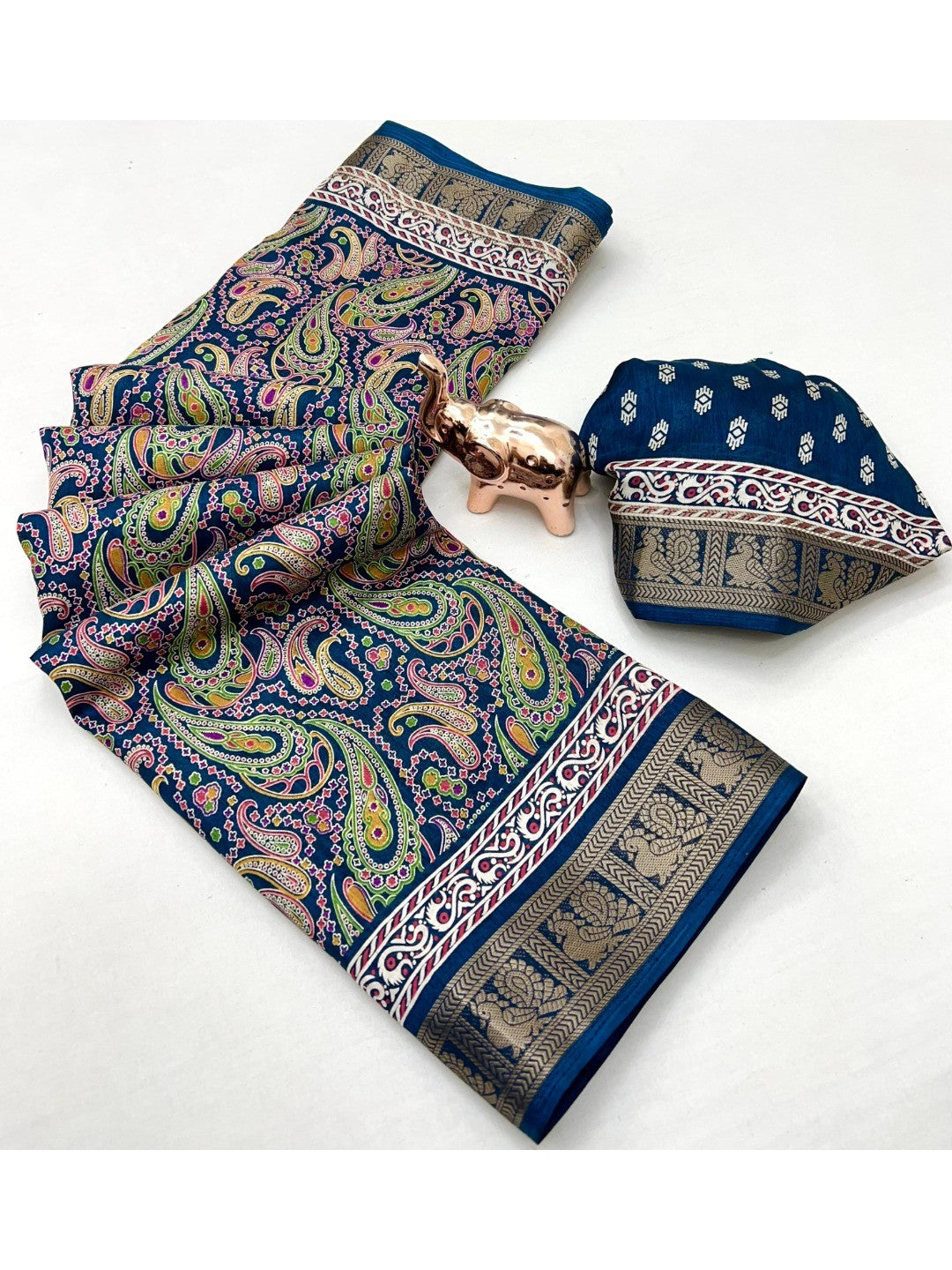 Blue Paisley Printed Dola Silk Saree with Detailed Zari Border and Graceful Fluid Drape - Image 2