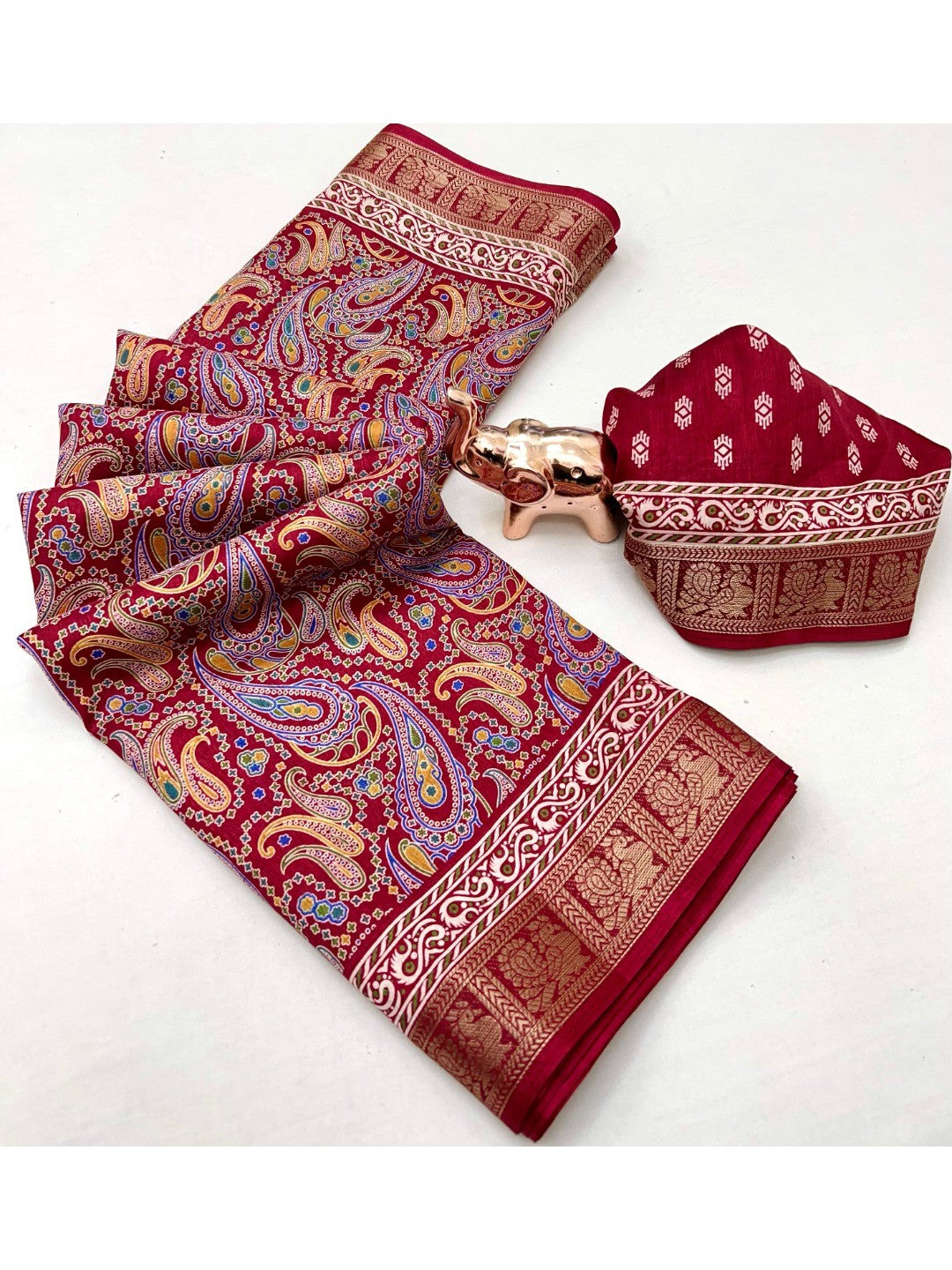 Maroon Paisley Printed Dola Silk Saree with Detailed Zari Border and Graceful Fluid Drape - Image 2