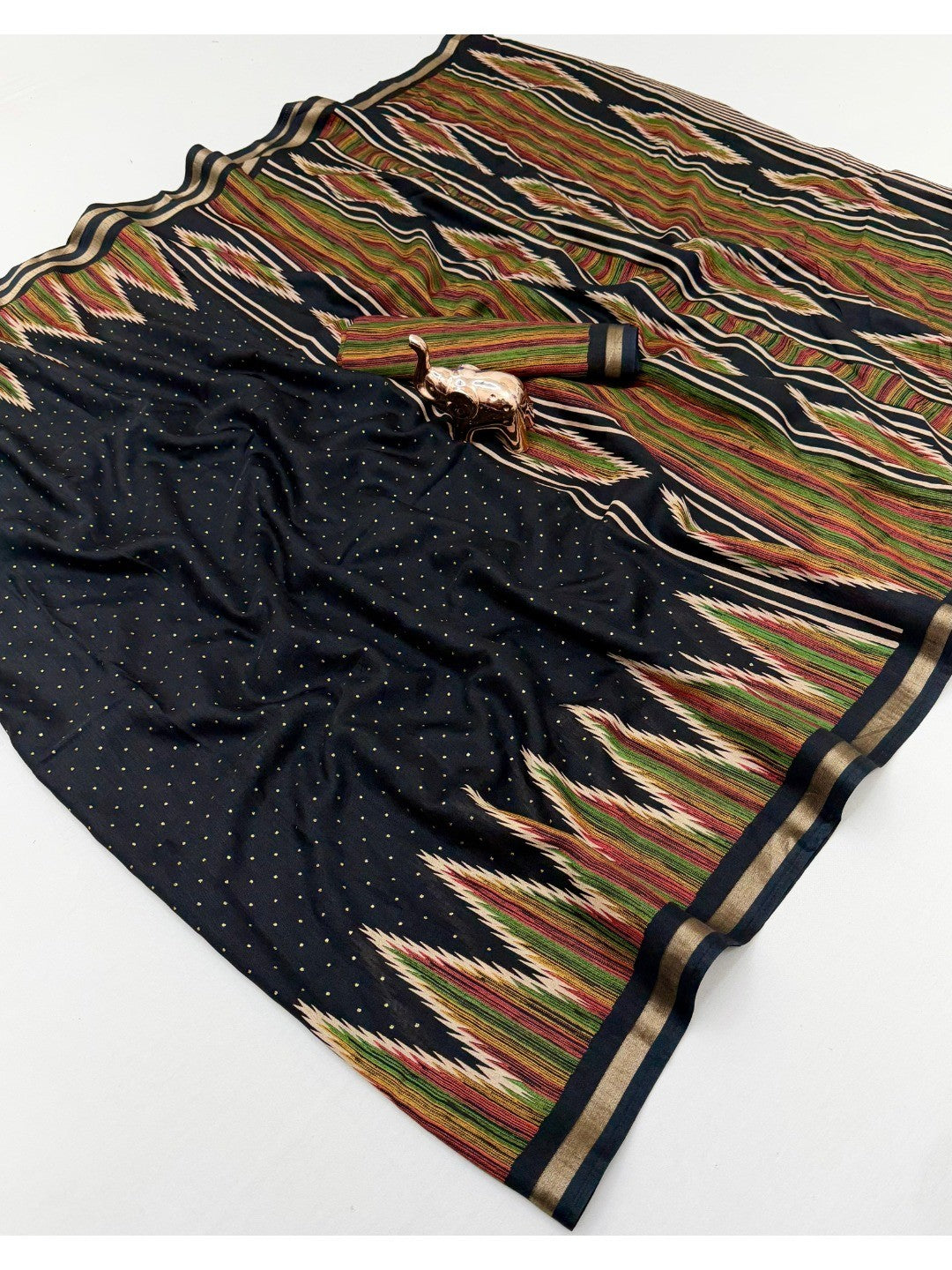 Elegant Black Geometric Printed Tussar Silk Festive Saree - Image 1