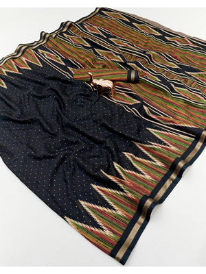 Elegant Black Geometric Printed Tussar Silk Festive Saree - Image 1