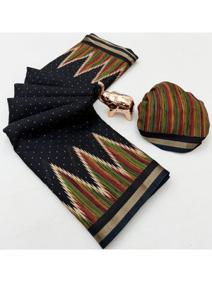 Elegant Black Geometric Printed Tussar Silk Festive Saree - Image 2