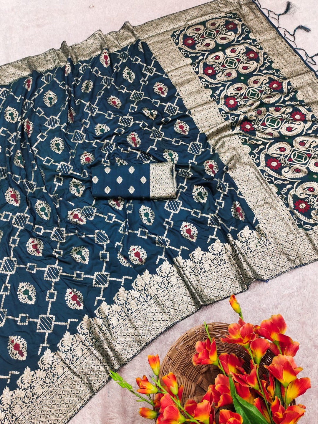 Elegant Blue Jacquard Weaved Dola Silk Saree Featuring Zari Motifs & Ornate Paisley Pallu Work - Image 2