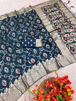 Elegant Blue Jacquard Weaved Dola Silk Saree Featuring Zari Motifs & Ornate Paisley Pallu Work - Image 2