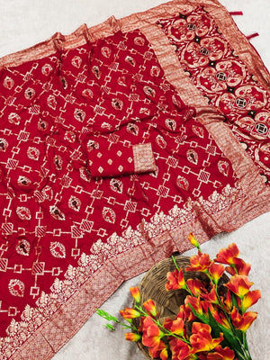 Elegant Red Jacquard Weaved Dola Silk Saree Featuring Zari Motifs & Ornate Paisley Pallu Work - Image 2