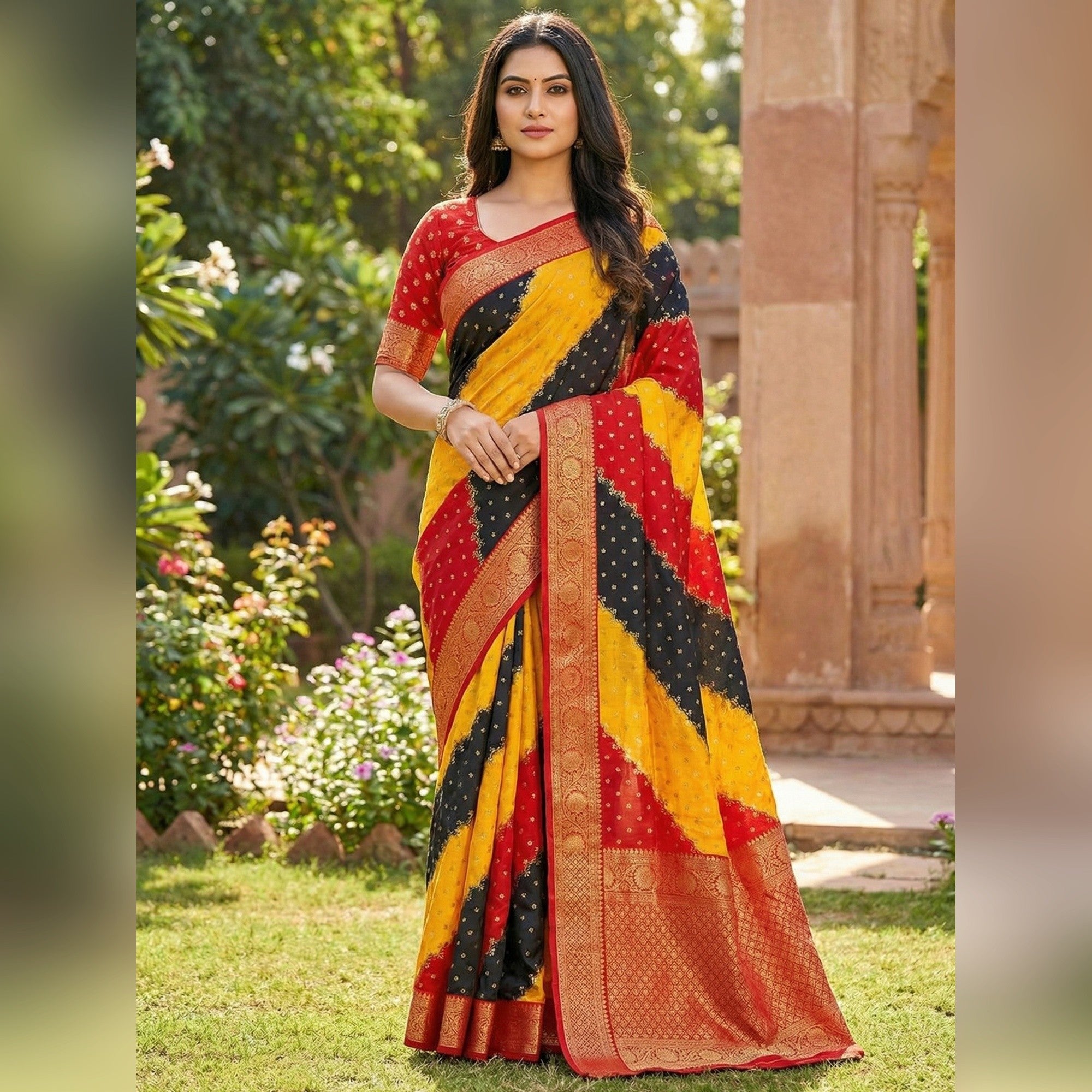 Striped Multicolor Georgette Saree with Zari Woven Border - Image 1