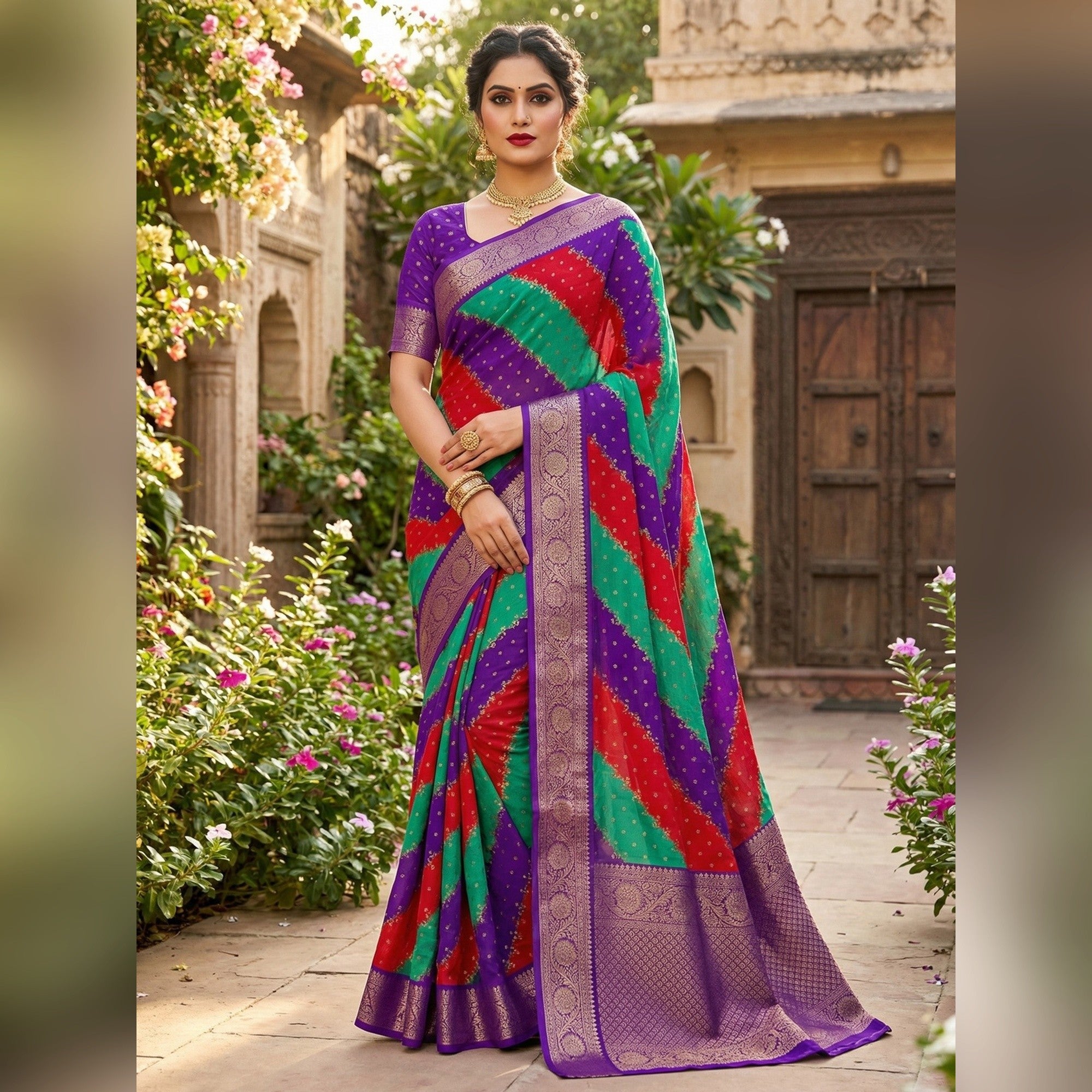 Multicolor Striped Georgette Saree Enhanced with Zari Weaving - Image 1