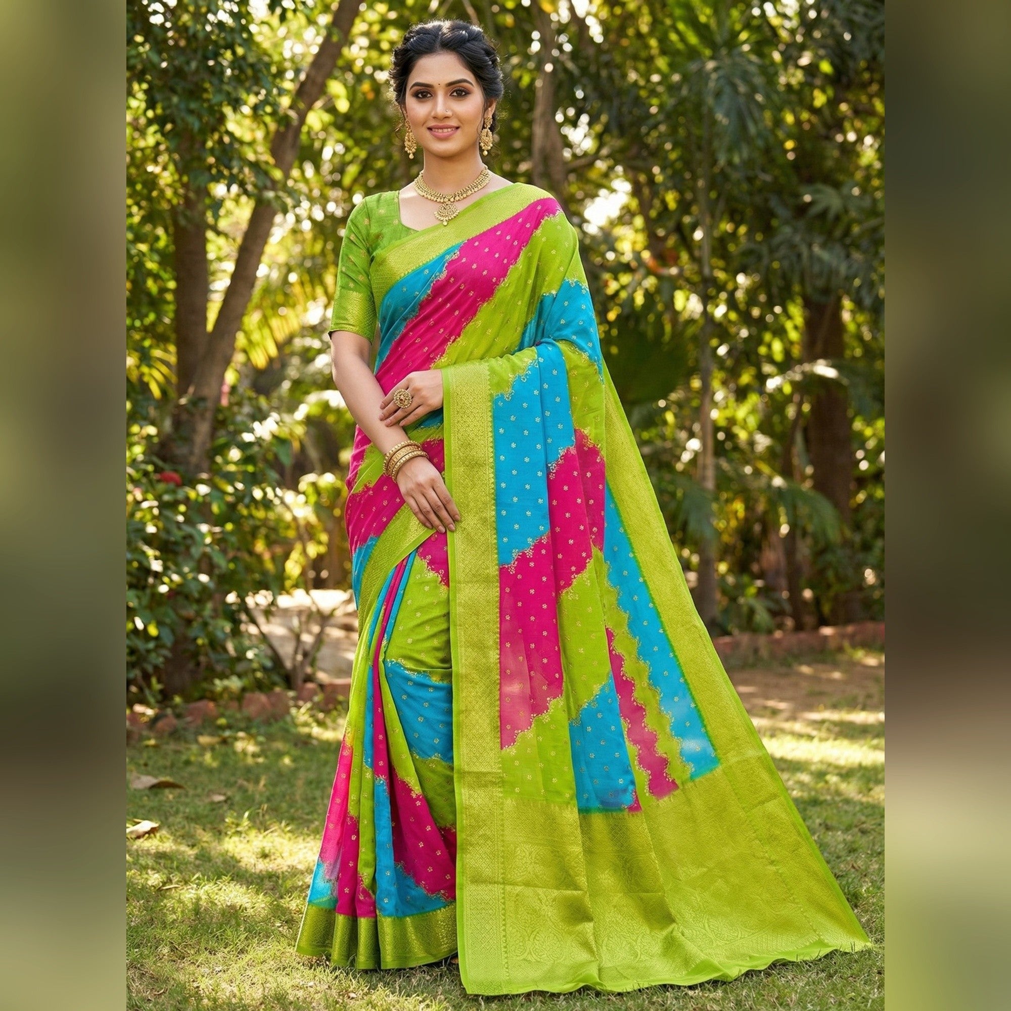 Bold Multicolor Striped Georgette Saree Highlighted with Zari Border - Image 1
