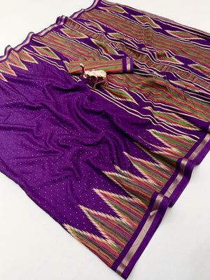 Festive Wear Purple Geometric Printed Tussar Silk Saree with Artistic Pattern - Image 1