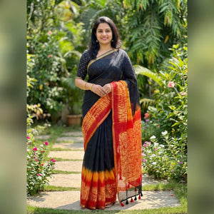 Elegant Black Linen Saree with Red and Red Tie-Dye Accent - Image 1