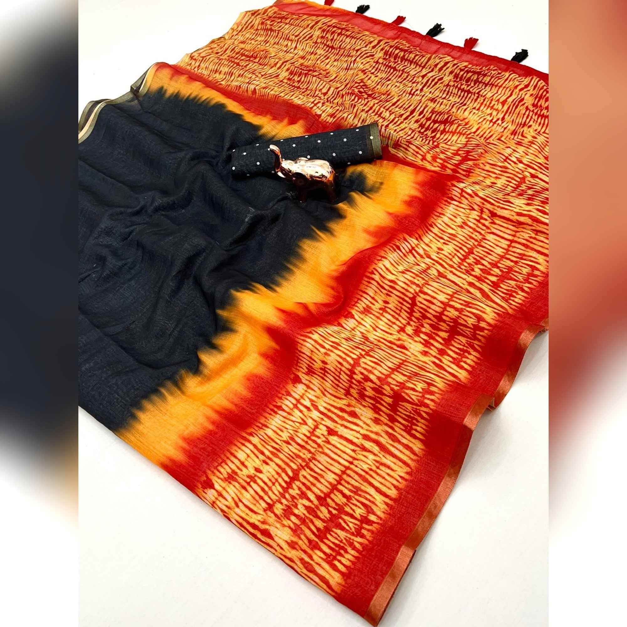 Elegant Black Linen Saree with Red and Red Tie-Dye Accent - Image 2