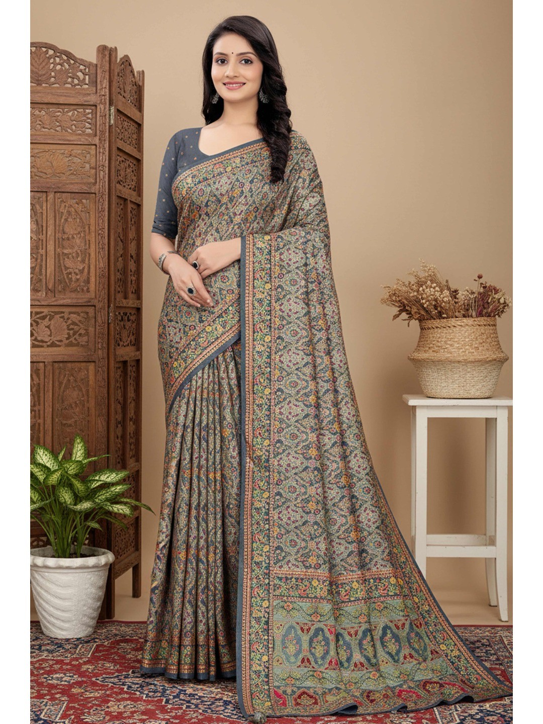 Classic Grey Pure Dola Viscose Saree Featuring Refined Position Printing - Image 1