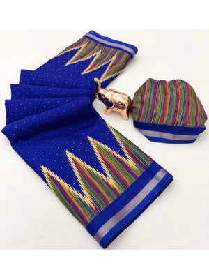 Festive Wear Royal Blue Geometric Printed Tussar Silk Saree with Artistic Pattern - Image 2