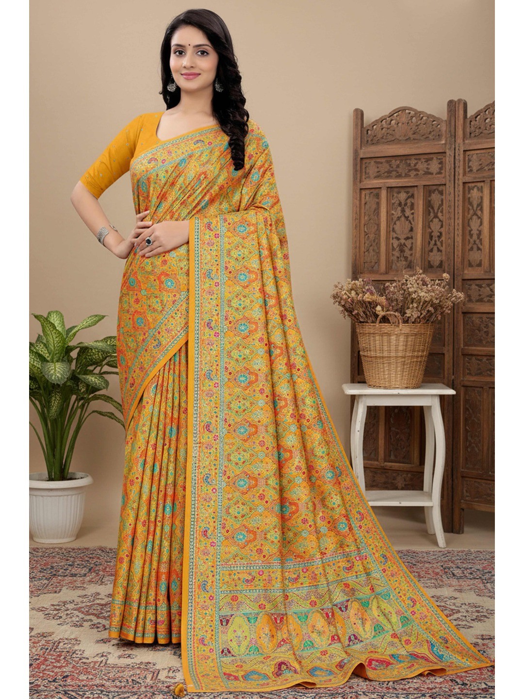 Classic Mustard Pure Dola Viscose Saree Featuring Refined Position Printing - Image 1