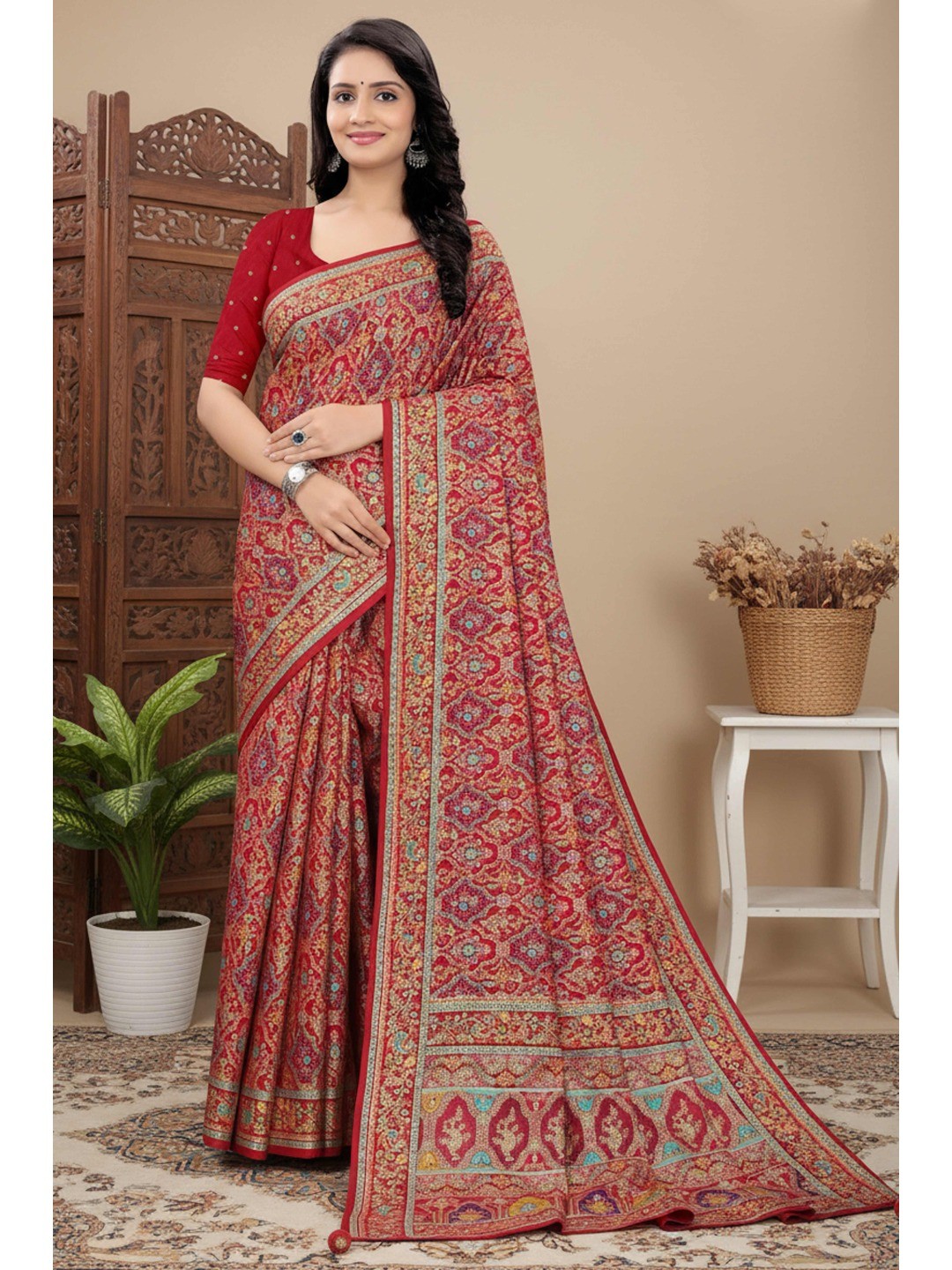 Classic Red Pure Dola Viscose Saree Featuring Refined Position Printing - Image 1