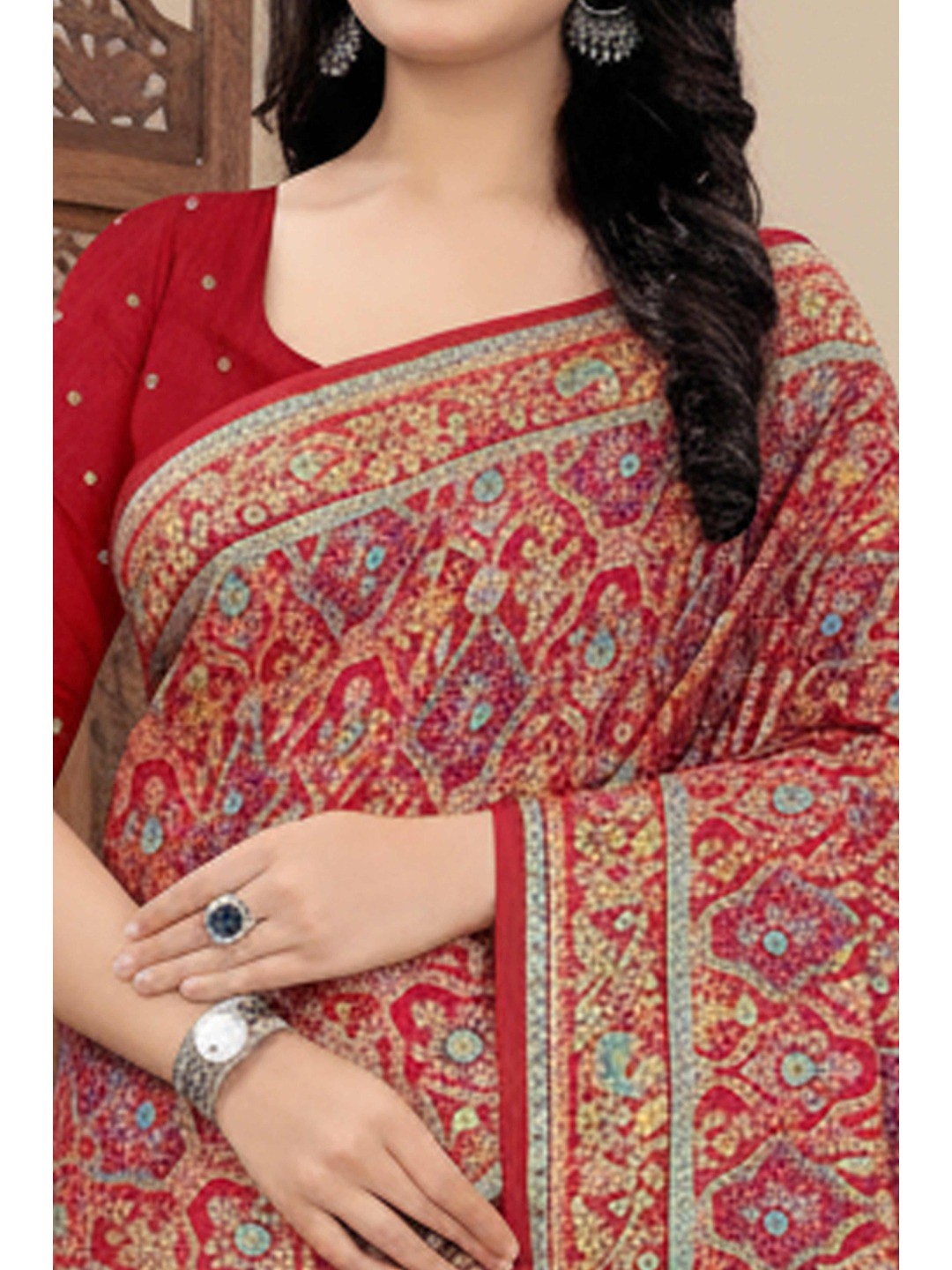 Classic Red Pure Dola Viscose Saree Featuring Refined Position Printing - Image 2