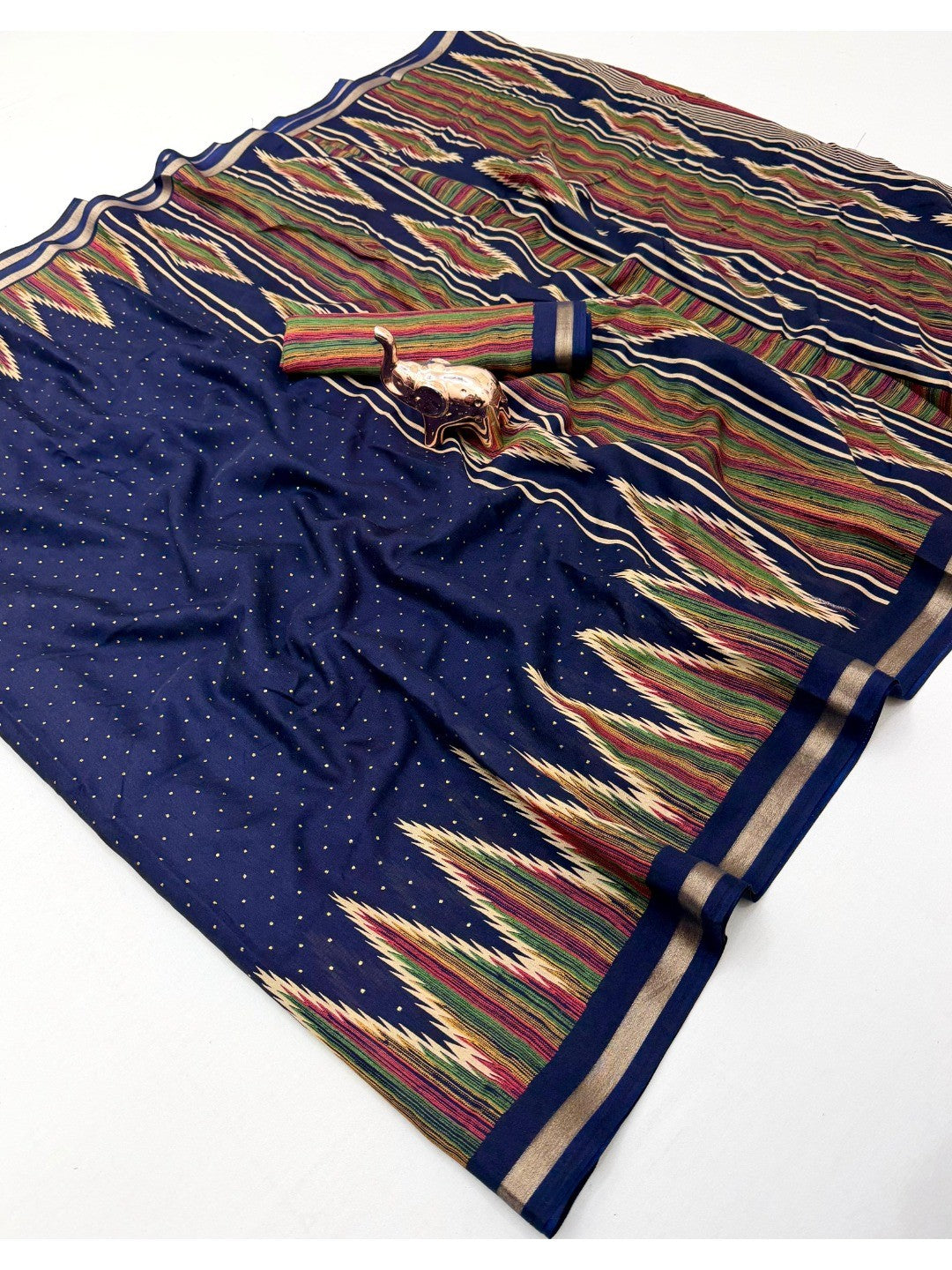 Festive Wear Navy Blue Geometric Printed Tussar Silk Saree with Artistic Pattern - Image 1