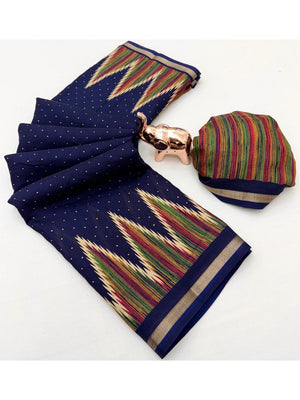 Festive Wear Navy Blue Geometric Printed Tussar Silk Saree with Artistic Pattern - Image 2