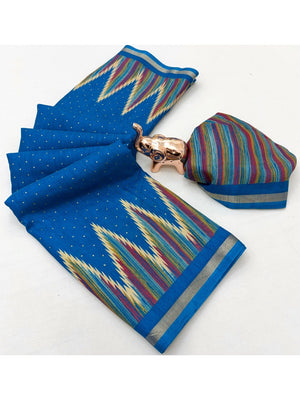 Festive Wear Morpich Blue Geometric Printed Tussar Silk Saree with Artistic Pattern - Image 2