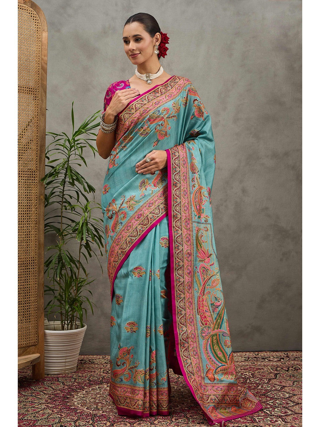 Refreshing Blue Floral & Paisley Position Printed Pure Viscose Dola Saree With Timeless Charm - Image 1