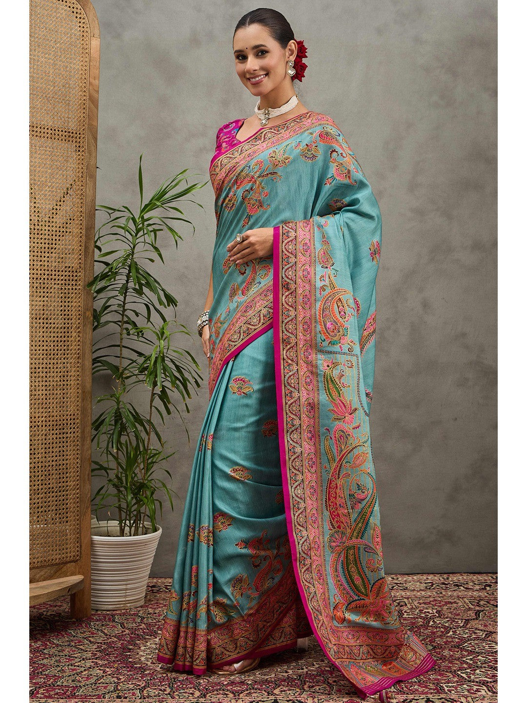 Refreshing Blue Floral & Paisley Position Printed Pure Viscose Dola Saree With Timeless Charm - Image 3