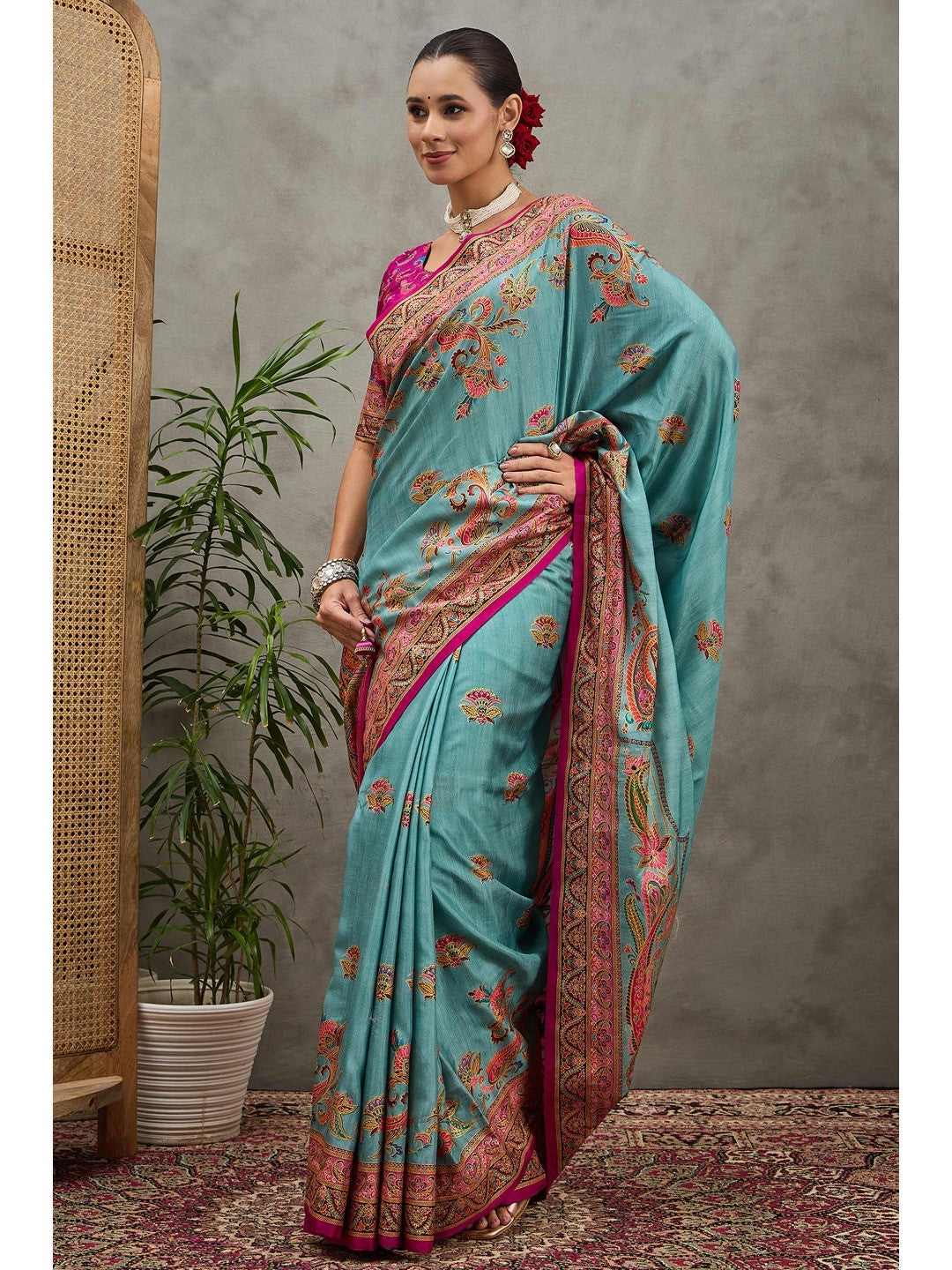 Refreshing Blue Floral & Paisley Position Printed Pure Viscose Dola Saree With Timeless Charm - Image 4