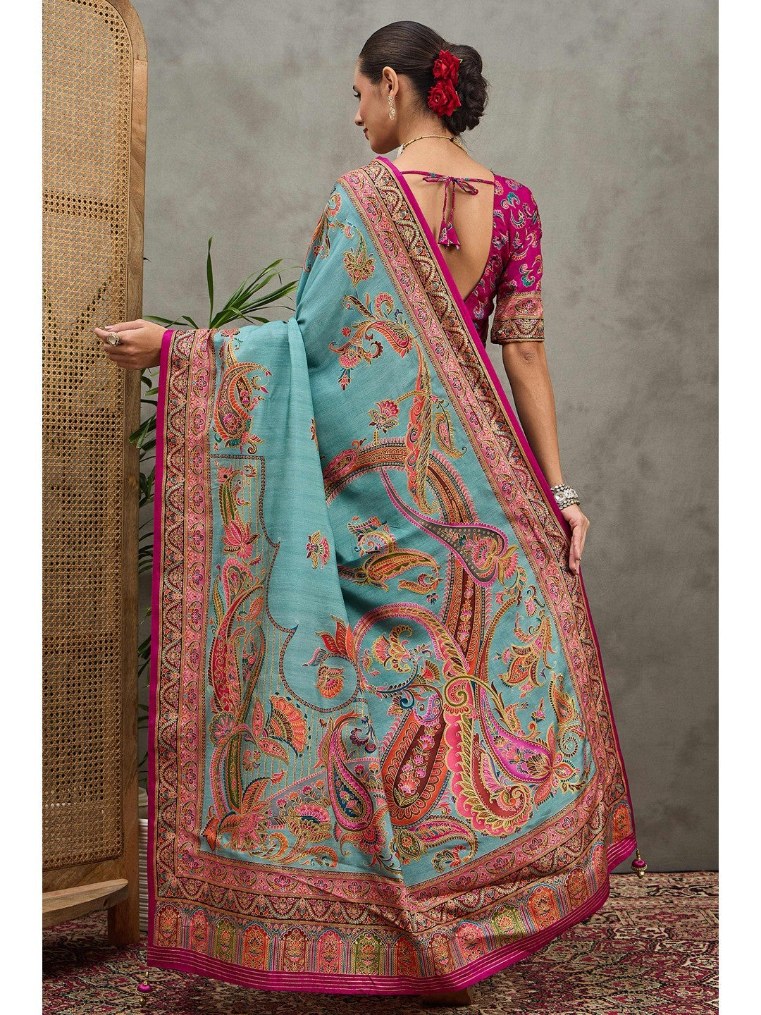 Refreshing Blue Floral & Paisley Position Printed Pure Viscose Dola Saree With Timeless Charm - Image 5