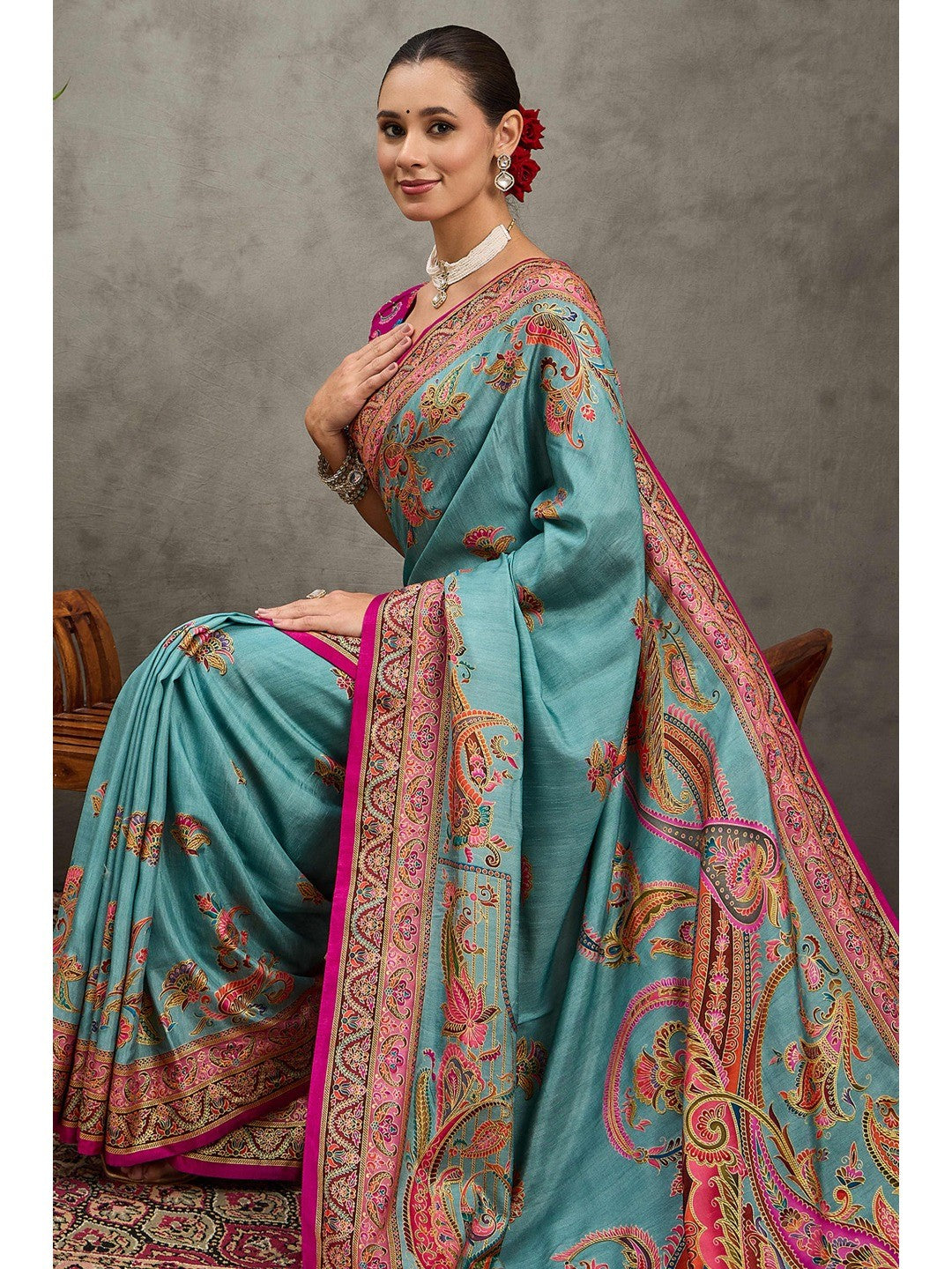 Refreshing Blue Floral & Paisley Position Printed Pure Viscose Dola Saree With Timeless Charm - Image 6